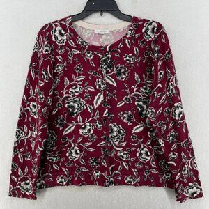 Charter Club Cardigan Women's Sz L Maroon Knitted Button-Up Floral Round Neck